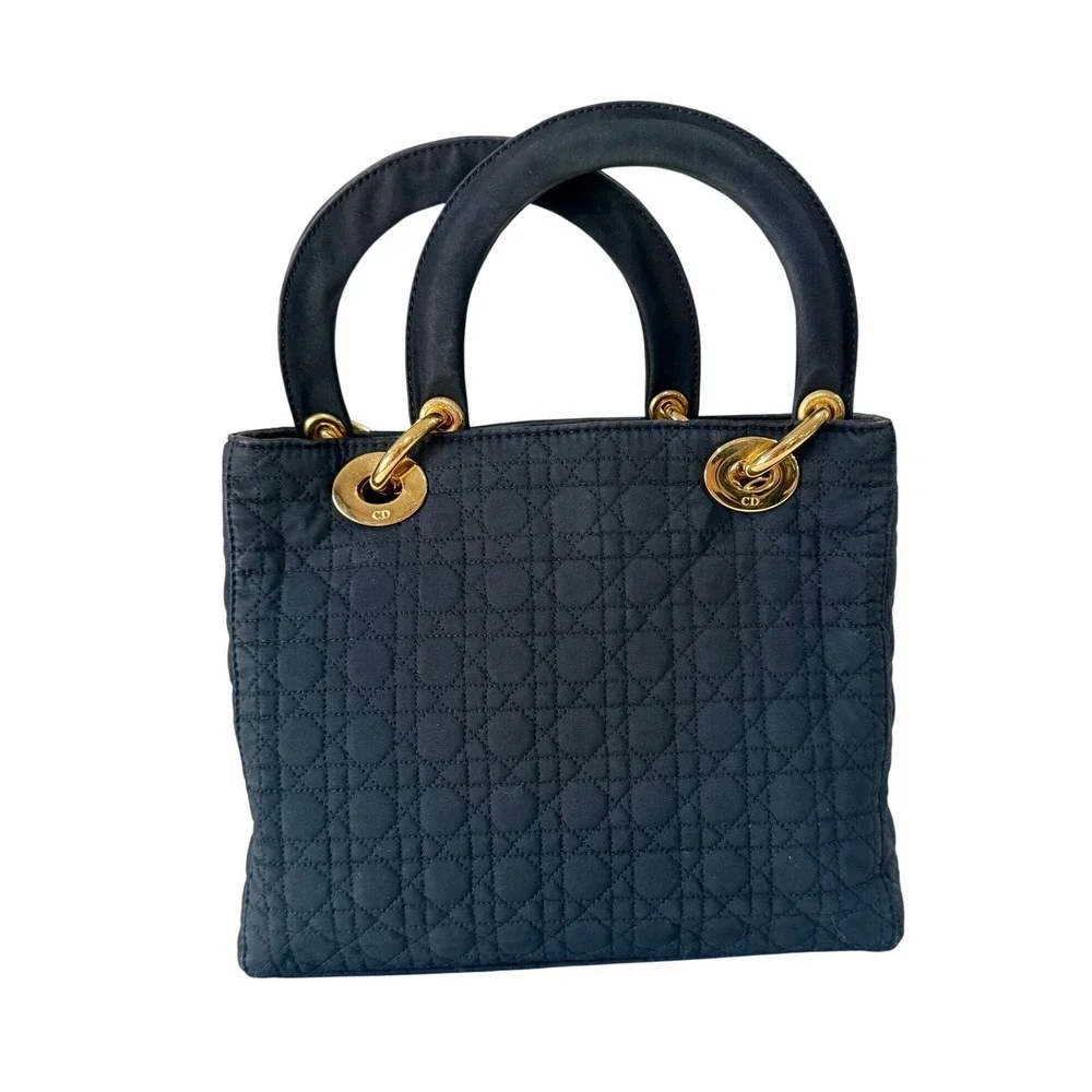 Christian Dior Black Quilted Cannage Lady Dior Top‎ Handle Bag Gold Hardware